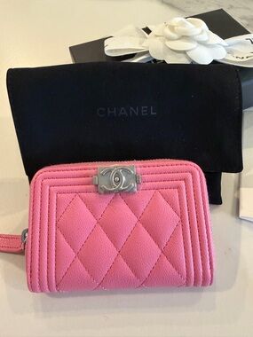 CHANEL Pink Quilted Zip-Around Wallet with Silver CC Hardware